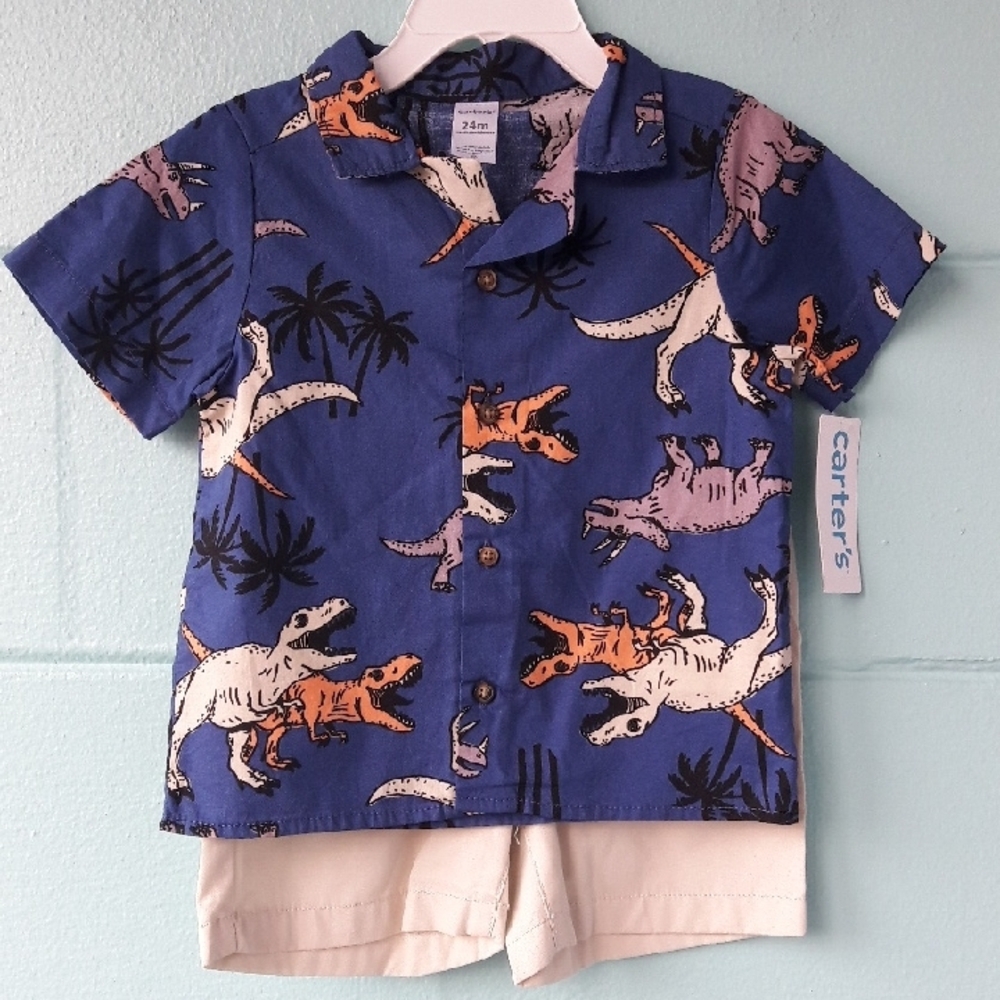 NWT "Carter's" 2-Piece Dinosaur Button-Front Shirt and Shorts Set Boys 18M & 24M